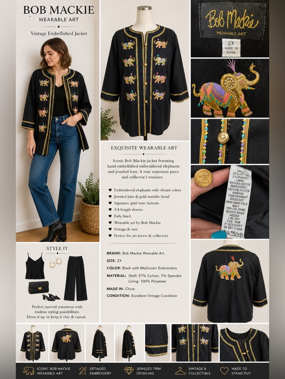 Bob Mackie Wearable Art Elephant Embroidered Jacket /Top 2X